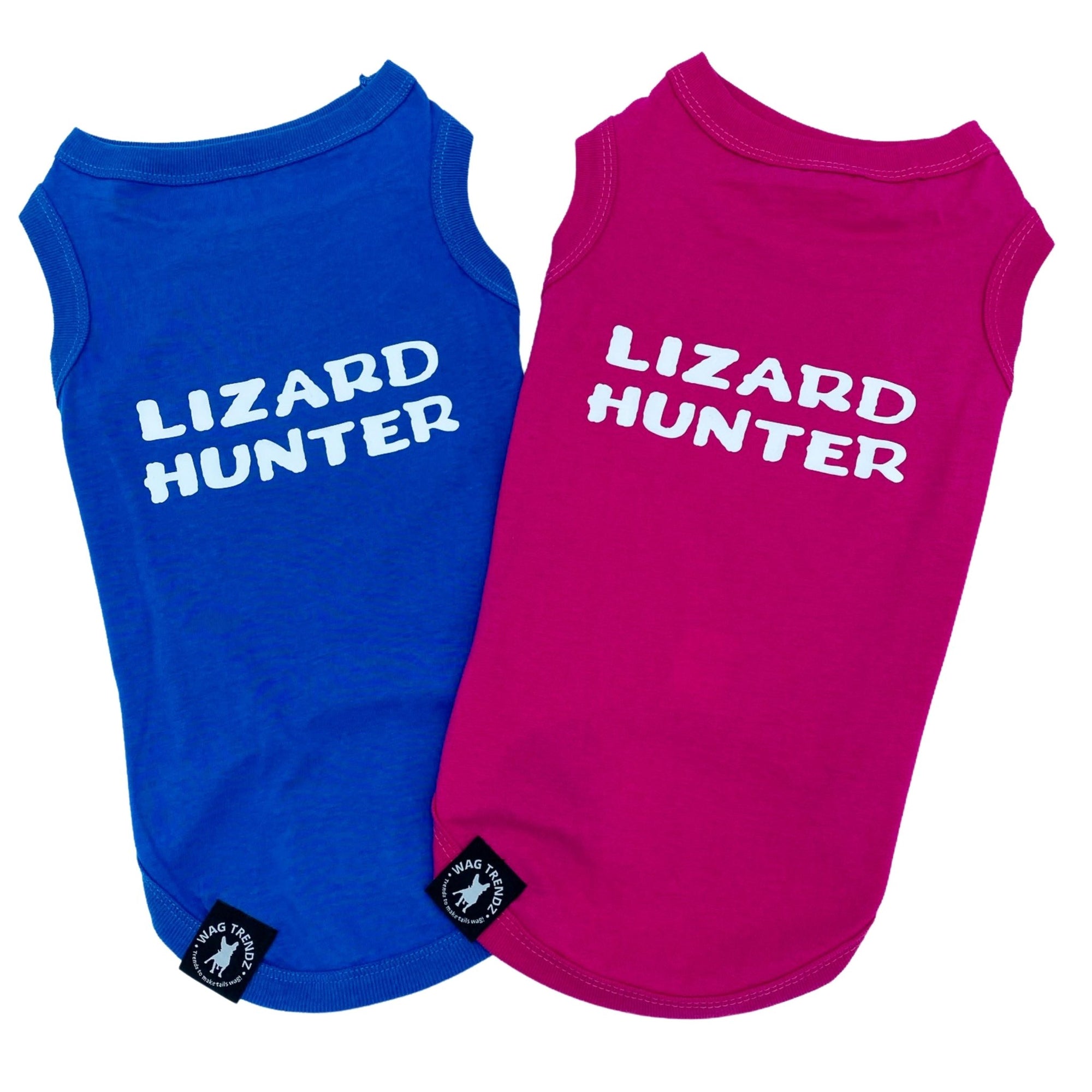 Dog T-Shirt - &quot;Lizard Hunter&quot; - Royal Blue and Hot Pink dog t-shirts - back view with Lizard Hunter lettering in white - against solid white background - Wag Trendz