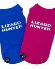 Dog T-Shirt - "Lizard Hunter" - Royal Blue and Hot Pink dog t-shirts - back view with Lizard Hunter lettering in white - against solid white background - Wag Trendz