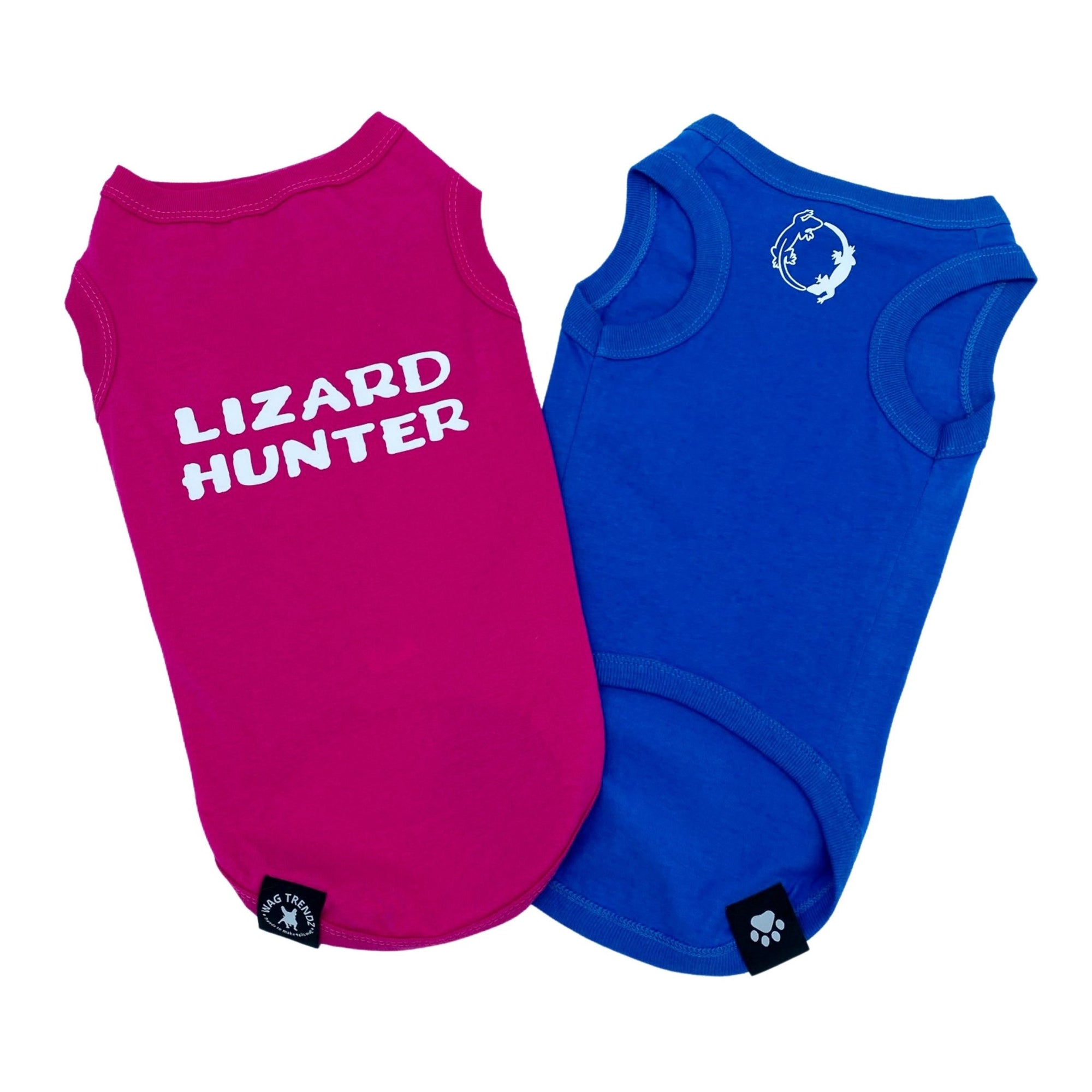 Dog T-Shirt - &quot;Lizard Hunter&quot; -  Hot Pink and Royal Blue dog t-shirts - back view with Lizard Hunter lettering in white and chest view with lizards making a circle emoji - against solid white background - Wag Trendz