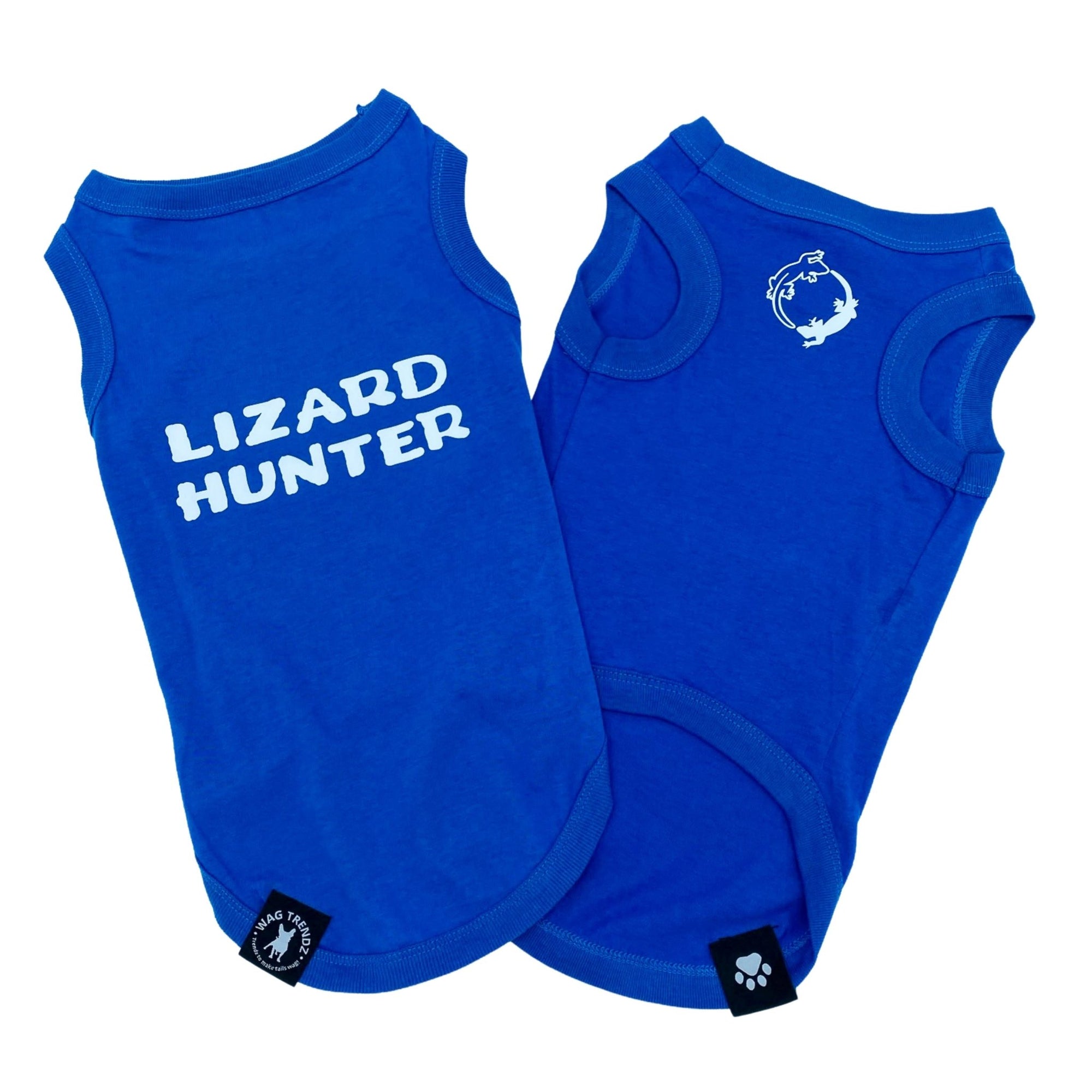 Dog T-Shirt - &quot;Lizard Hunter&quot; - Royal Blue dog t-shirts - back view with Lizard Hunter lettering in white and chest view with lizards making a circle emoji - against solid white background - Wag Trendz