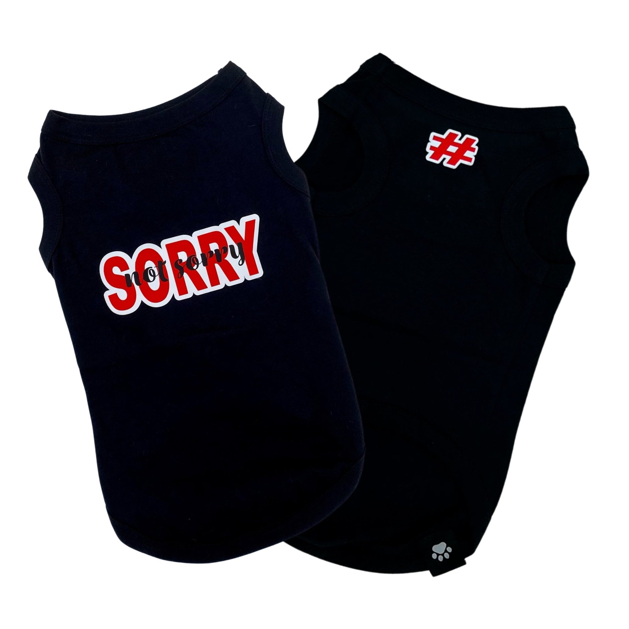 Dog T-Shirt - &quot;Sorry Not Sorry&quot; black dog t-shirt with red and white lettering on back and red and white hashtag emoji on chest - against solid white background - Wag Trendz