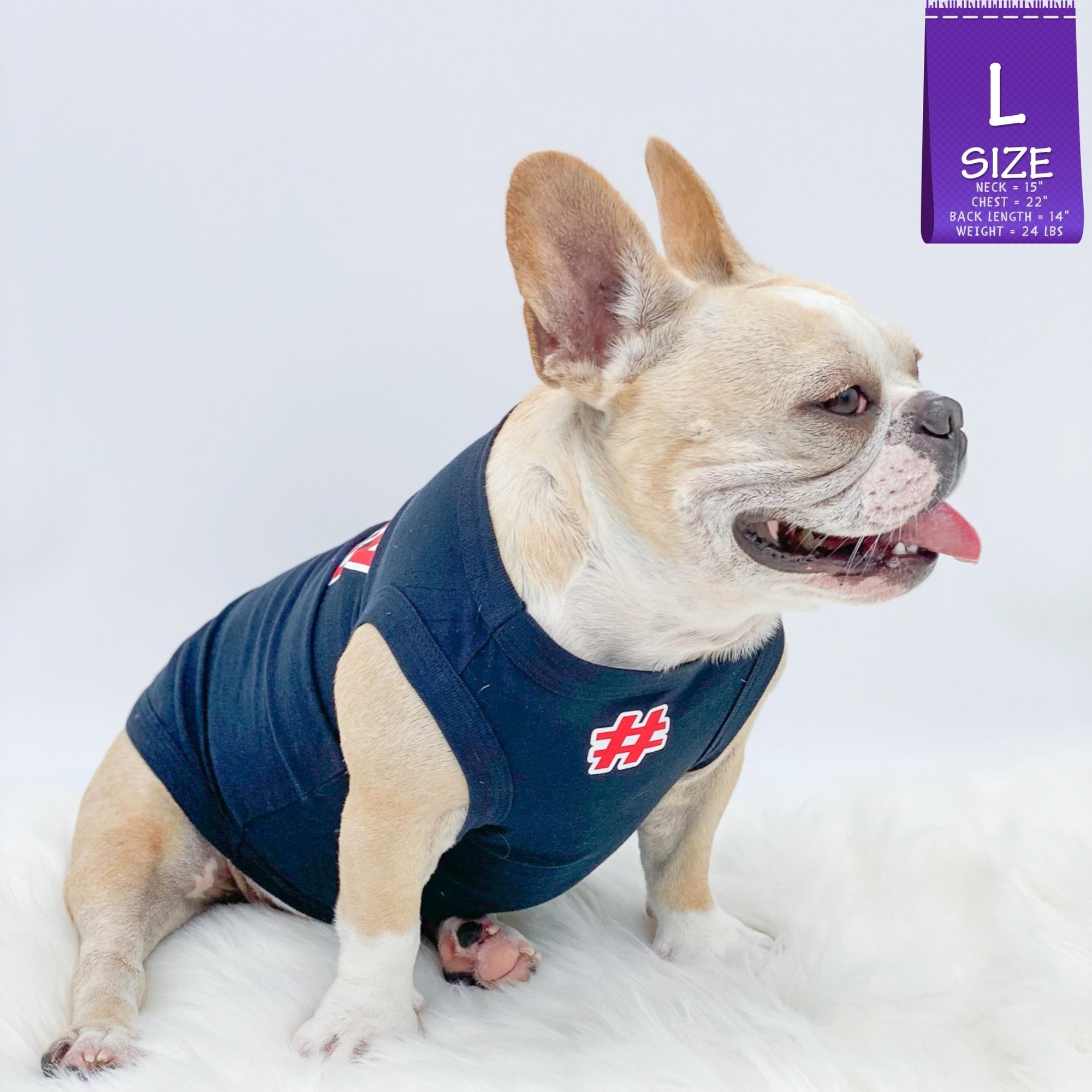 Dog T-Shirt - French Bulldog wearing &quot;Sorry Not Sorry&quot; black dog t-shirt with red and white hashtag emoji on chest red and white lettering on back- against solid white background - Wag Trendz
