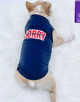 Dog T-Shirt - French Bulldog wearing "Sorry Not Sorry" black dog t-shirt with red and white lettering on back - against solid white background - Wag Trendz
