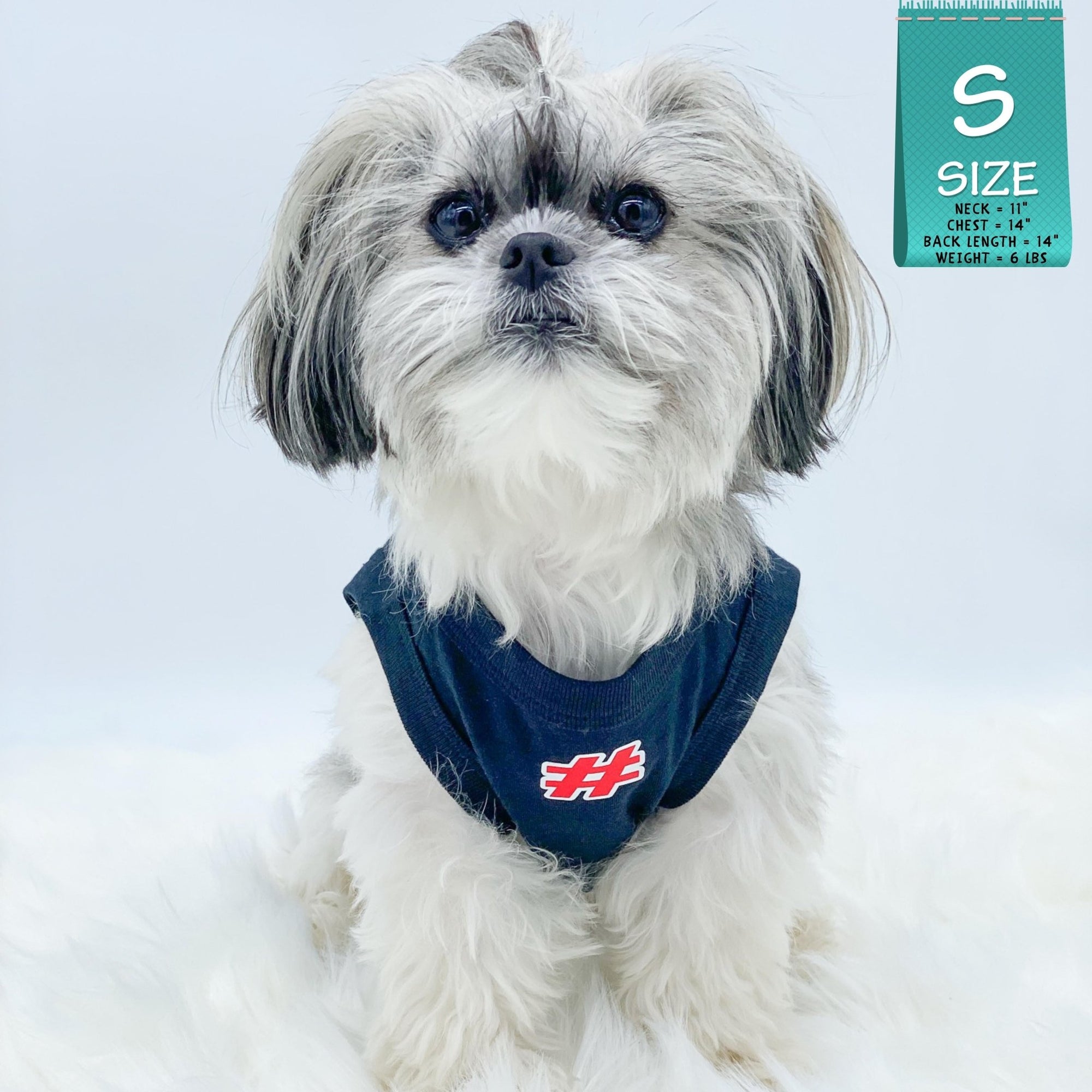 Dog T-Shirt - Shih Tzu mix wearing &quot;Sorry Not Sorry&quot; black dog t-shirt with red and white hashtag emoji on chest - against solid white background - Wag Trendz