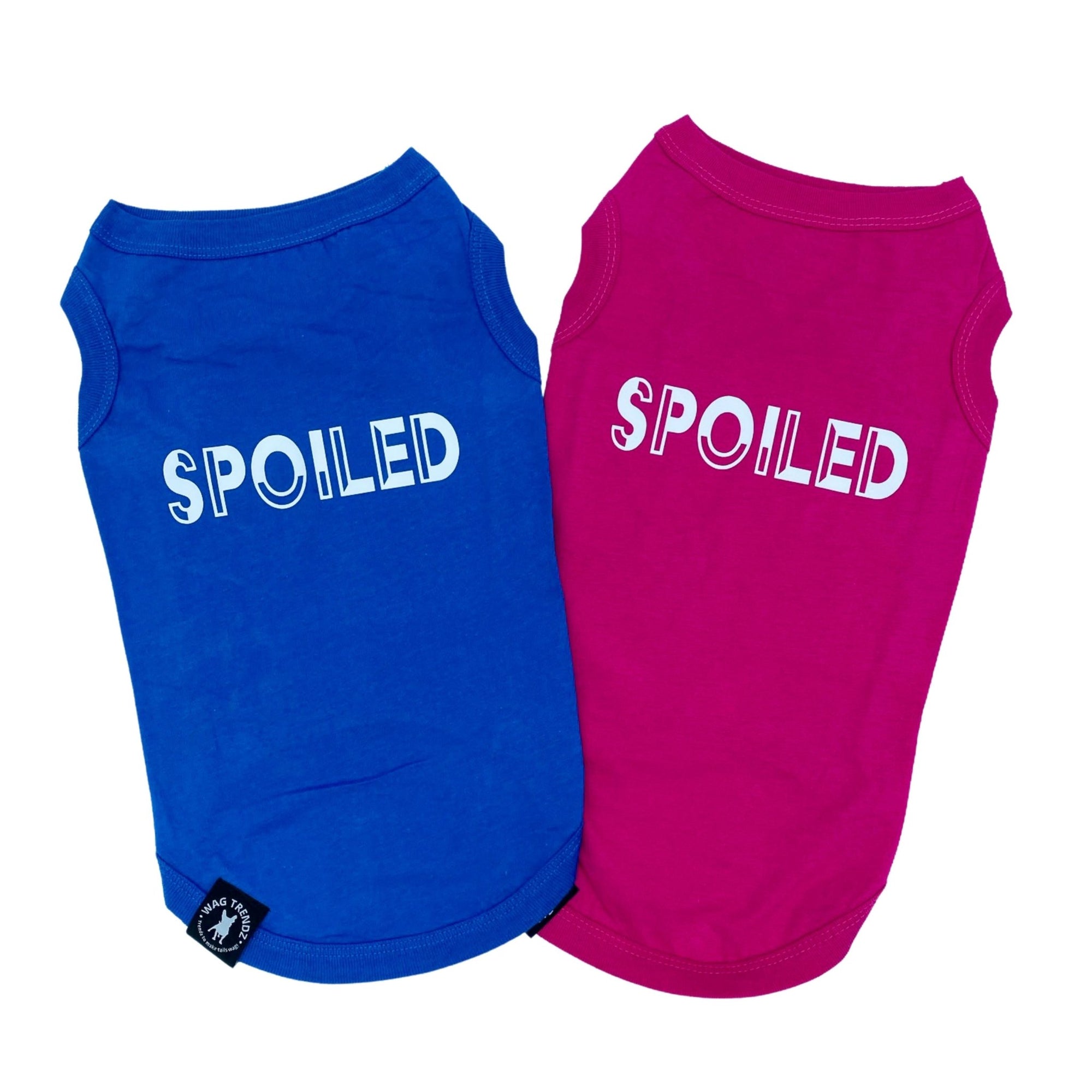 Dog T-Shirt - &quot;Spoiled&quot; - Royal Blue and Hot Pink dog t-shirts - back has SPOILED lettering in white - against solid white background - Wag Trendz