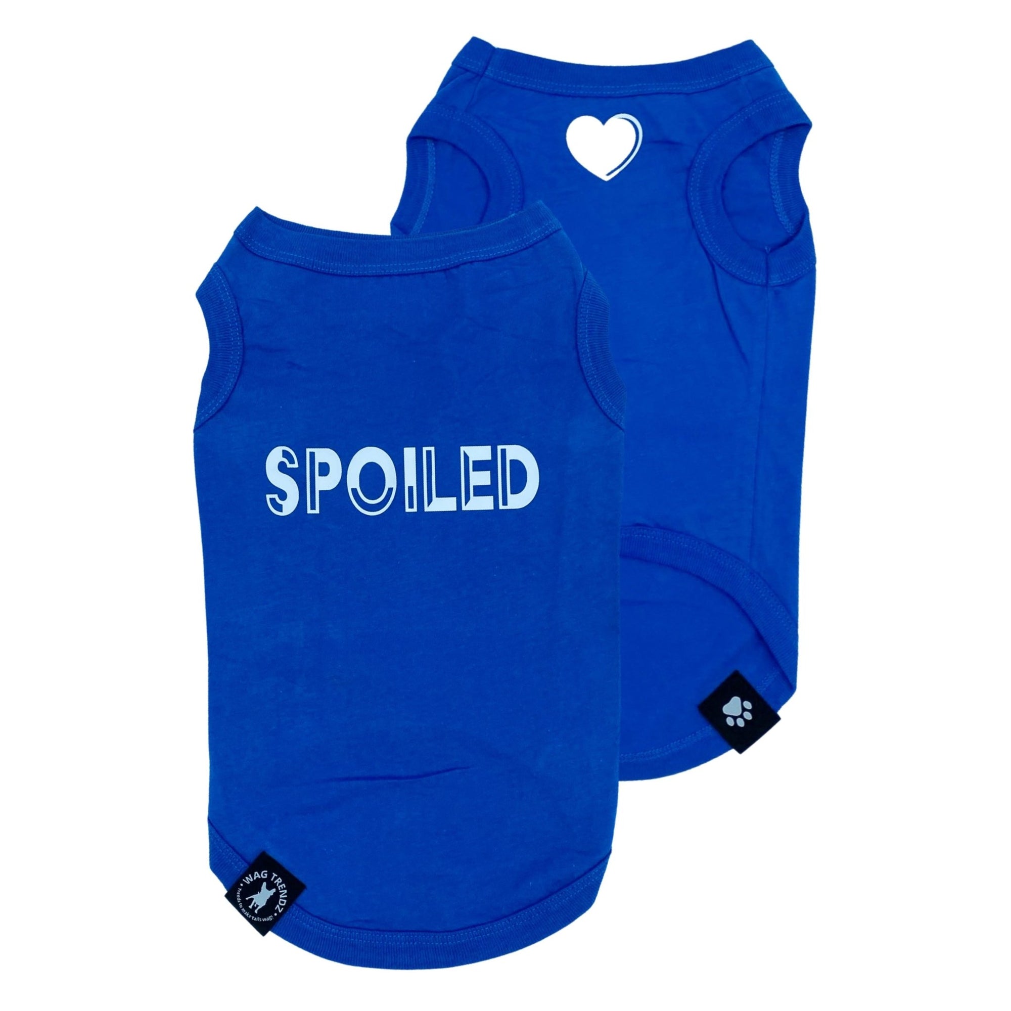 Dog T-Shirt - &quot;Spoiled&quot; - Royal Blue dog t-shirt set - back has SPOILED lettering in white and chest has a solid white heart emoji - against solid white background - Wag Trendz