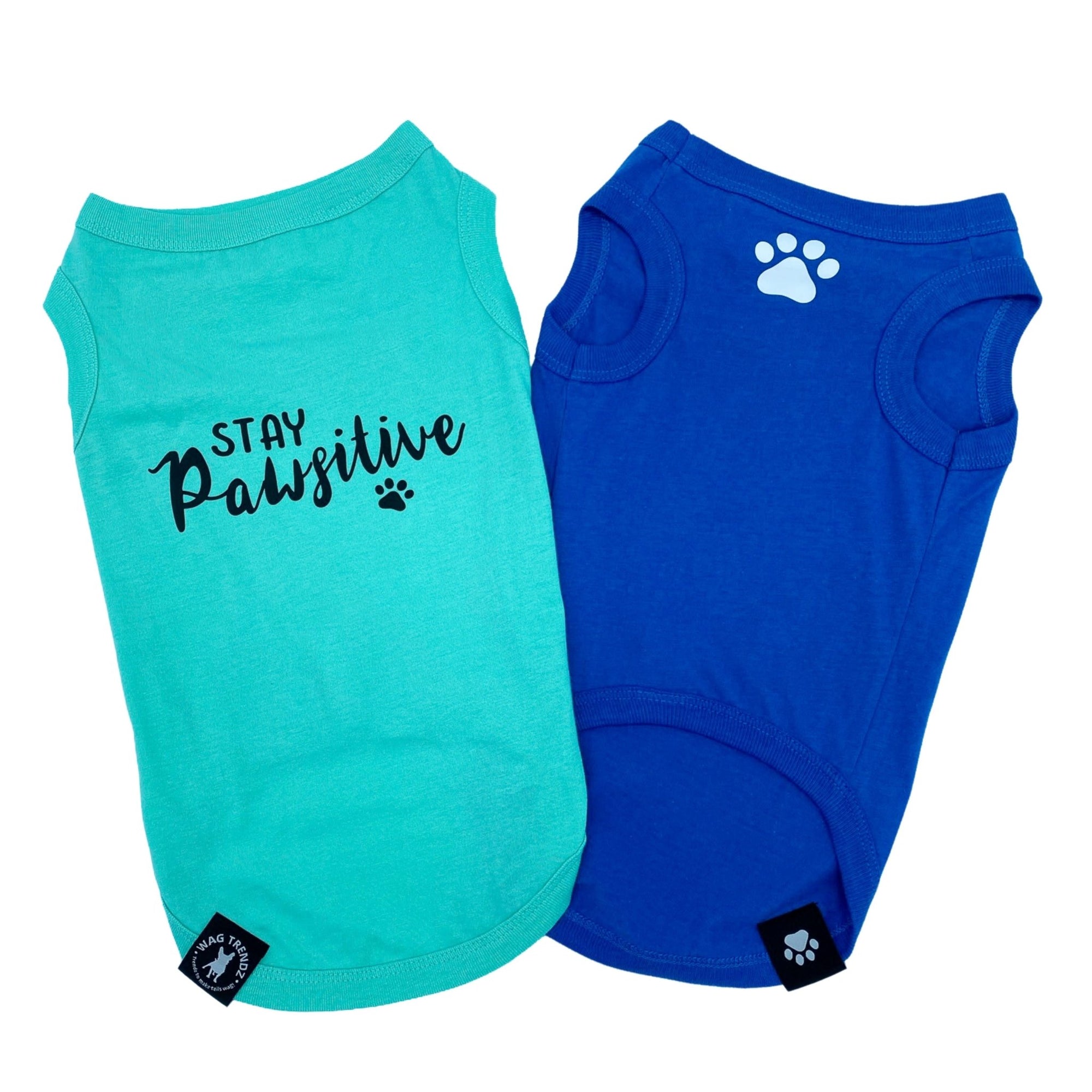 Dog T-Shirt - &quot;Stay Pawsitive&quot; - Teal and Royal Blue dog t-shirt - Stay Pawsitive lettering in black on teal t-shirt and a paw print emoji in white on chest of blue t-shirt - against solid white background - Wag Trendz