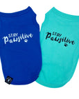 Dog T-Shirt - "Stay Pawsitive" - Royal Blue and Teal dog t-shirts - Stay Pawsitive lettering in white with paw print on blue t-shirt and lettering in black with paw print on teal t-shirt - against solid white background - Wag Trendz