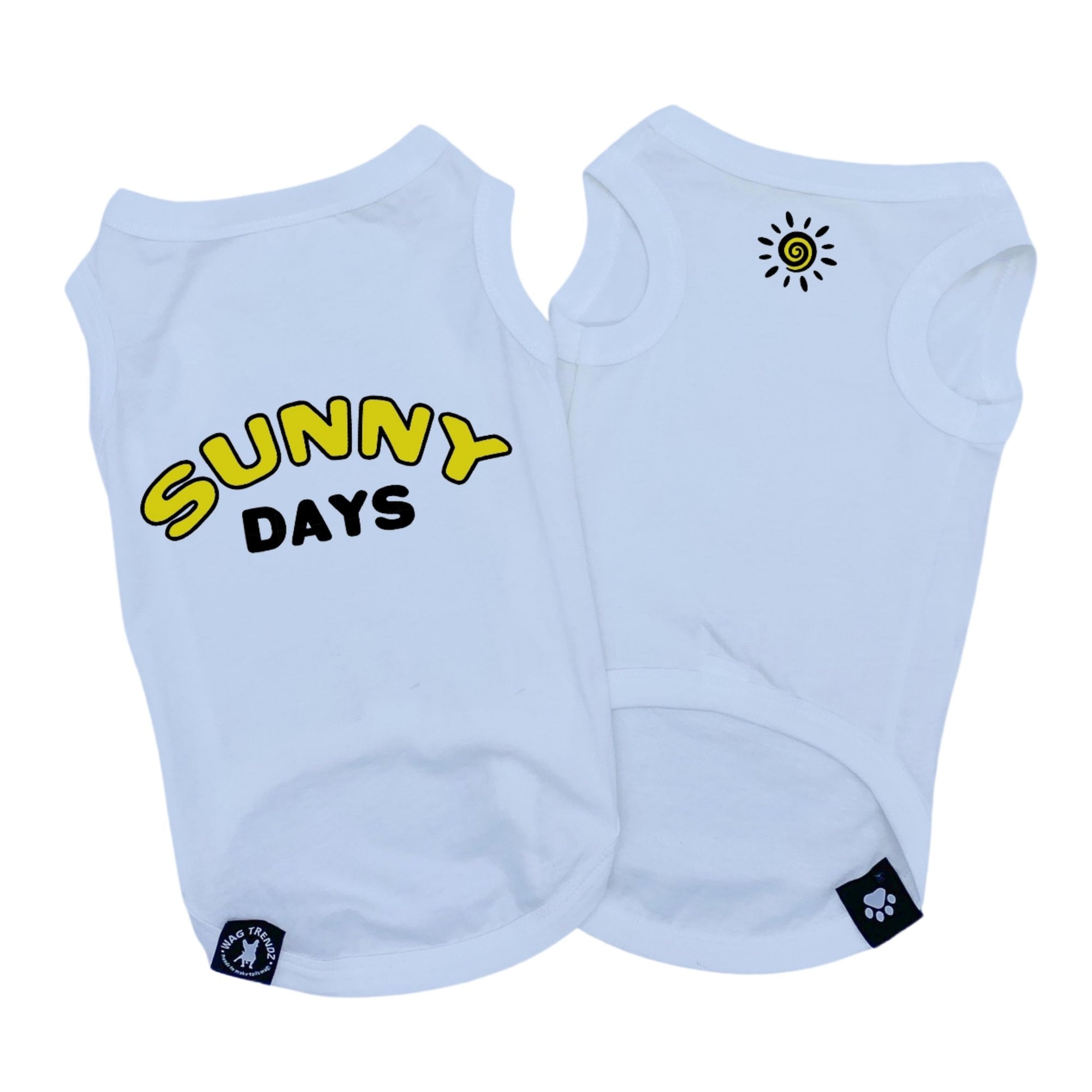 Dog T-Shirt - &quot;Sunny Days&quot; dog t-shirts in White - backside says Sunny Days with a modern sunshine emoji on chest - lettering and emoji is in yellow and black - against solid white background - Wag Trendz