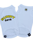 Dog T-Shirt - "Sunny Days" dog t-shirts in White - backside says Sunny Days with a modern sunshine emoji on chest - lettering and emoji is in yellow and black - against solid white background - Wag Trendz