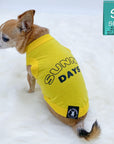 Dog T-Shirt - Chihuahua wearing yellow "Sunny Days" dog t-shirt - Sunny Days lettering in black - against solid white background - Wag Trendz