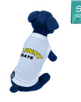 Dog T-Shirt - black stuffed dog wearing white "Sunny Days" dog t-shirt - Sunny Days lettering in yellow and black - against solid white background - Wag Trendz