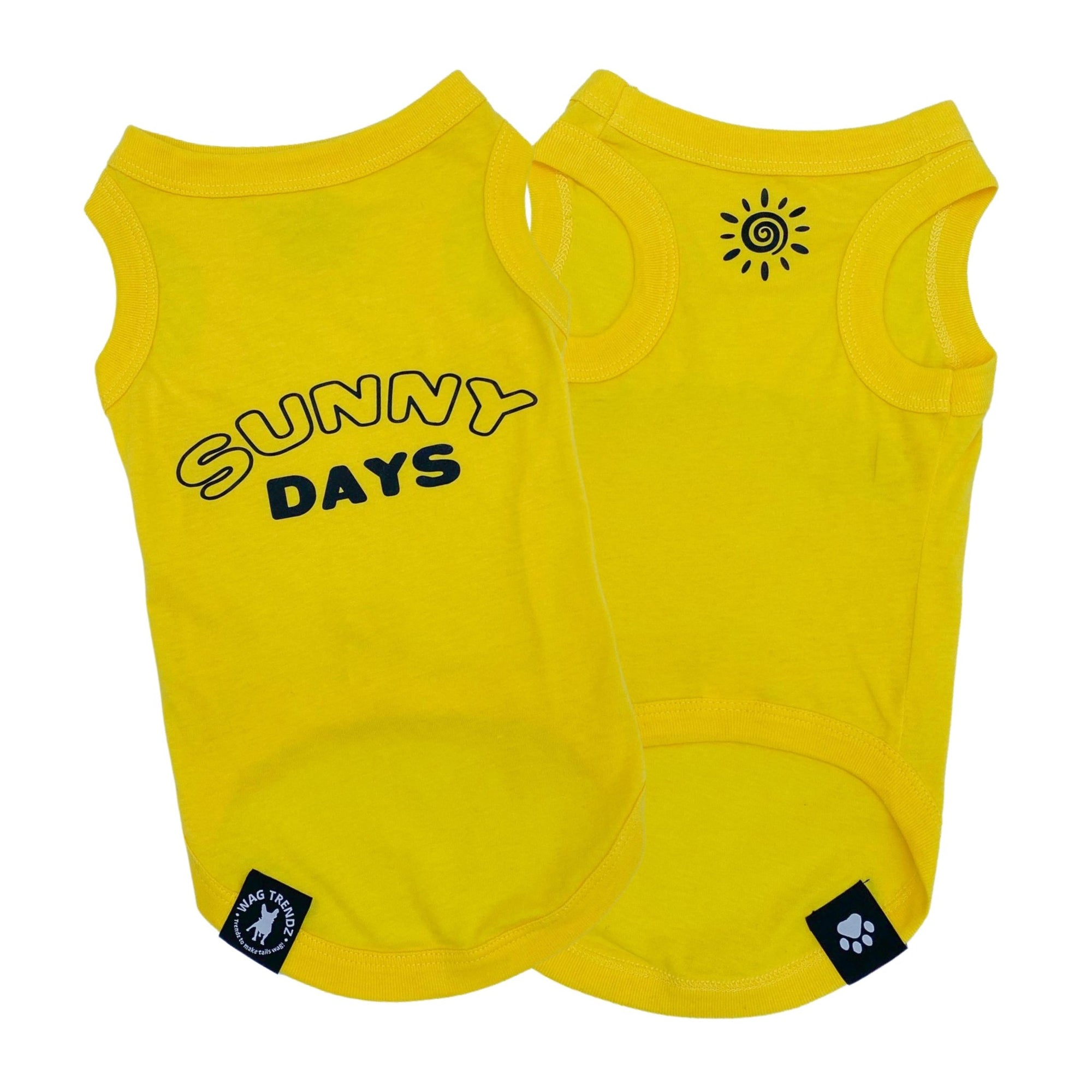 Dog T-Shirt - &quot;Sunny Days&quot; dog t-shirts in yellow - Sunny Days lettering on back with a modern sunshine emoji on chest in black - against solid white background - Wag Trendz