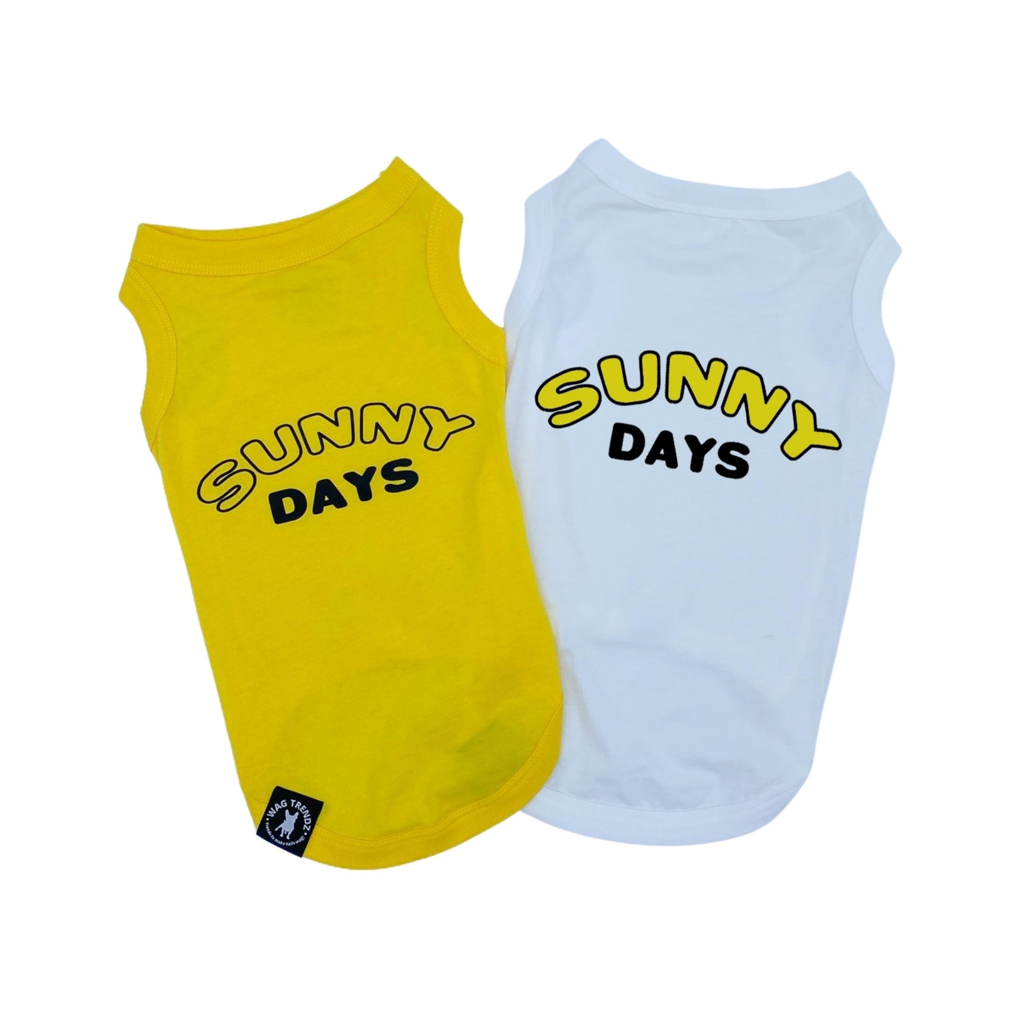 Dog T-Shirt - &quot;Sunny Days&quot; dog t-shirts in Yellow and White - backside says Sunny Days with lettering in yellow and black - against solid white background - Wag Trendz
