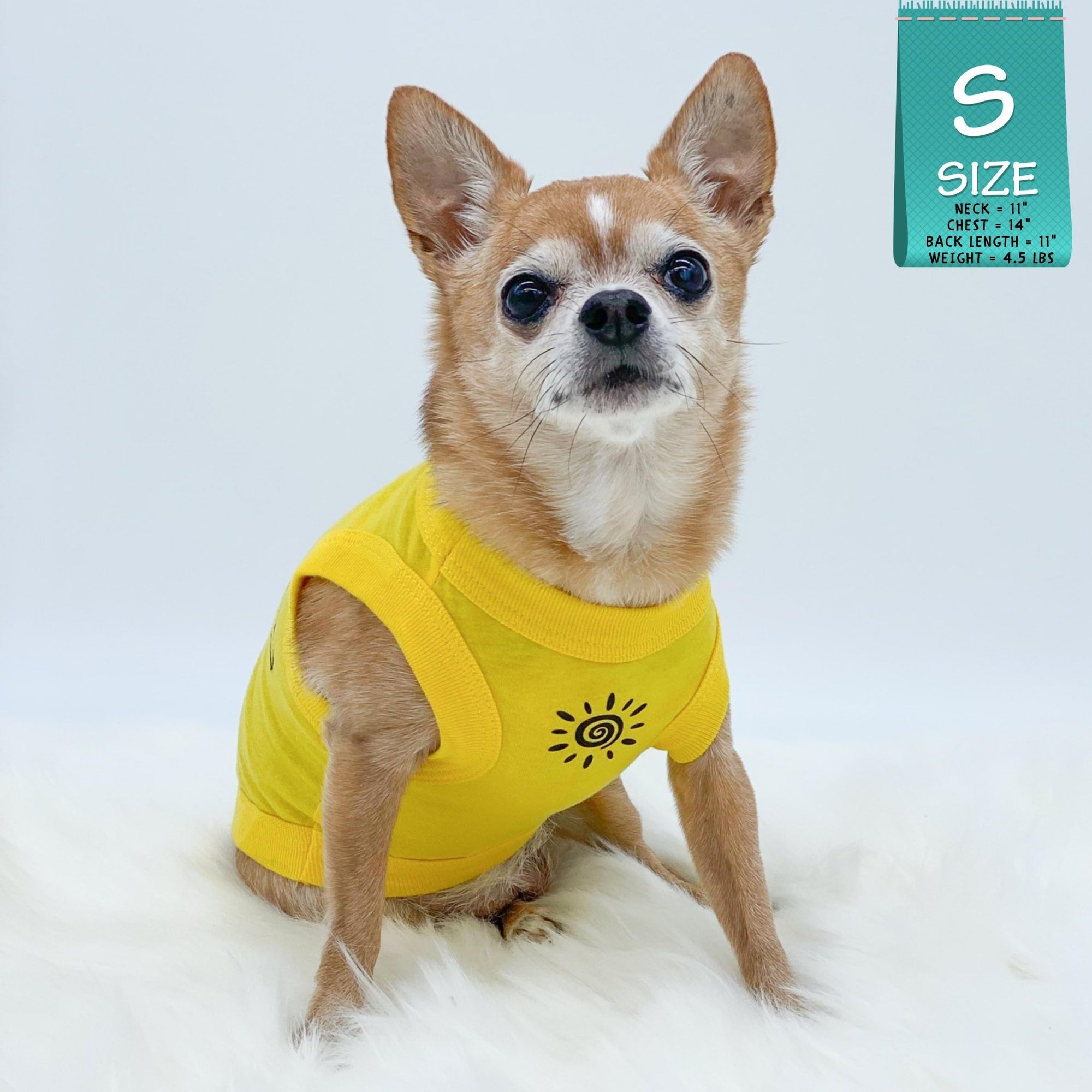 Dog T-Shirt - Chihuahua wearing yellow &quot;Sunny Days&quot; dog t-shirt - modern black sunshine emoji on chest - against solid white background - Wag Trendz
