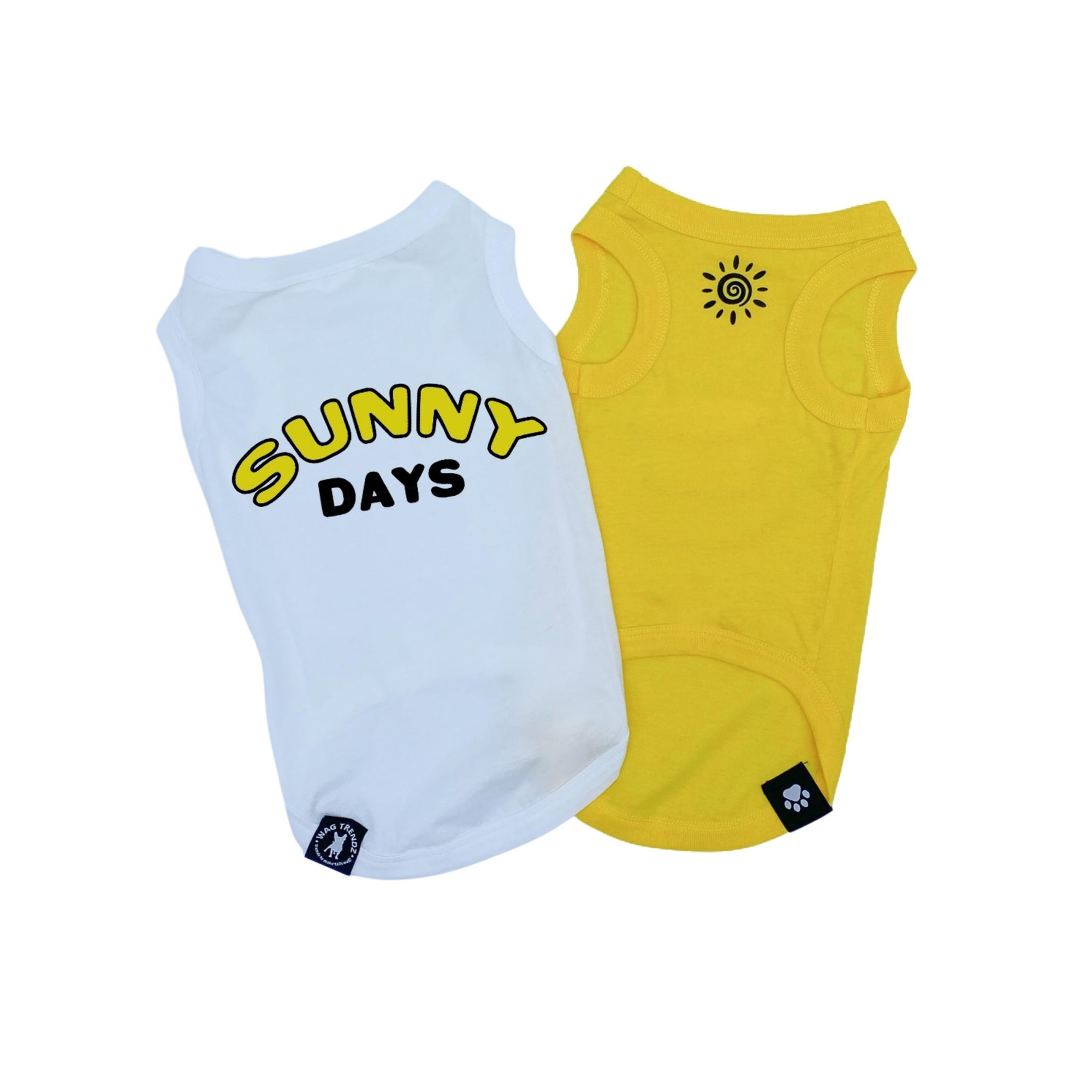 Dog T-Shirt - &quot;Sunny Days&quot; dog t-shirts in White and Yellow - Sunny Days lettering on white t-shirt in black and yellow and a modern sunshine emoji in black on chest of yellow t-shirt - lettering and emoji is in yellow and black - against solid white background - Wag Trendz