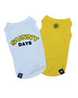 Dog T-Shirt - "Sunny Days" dog t-shirts in White and Yellow - Sunny Days lettering on white t-shirt in black and yellow and a modern sunshine emoji in black on chest of yellow t-shirt - lettering and emoji is in yellow and black - against solid white background - Wag Trendz