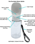 Dog Portable Water Bottle - white with black & white logo strap -product feature captions against solid white background - Wag Trendz