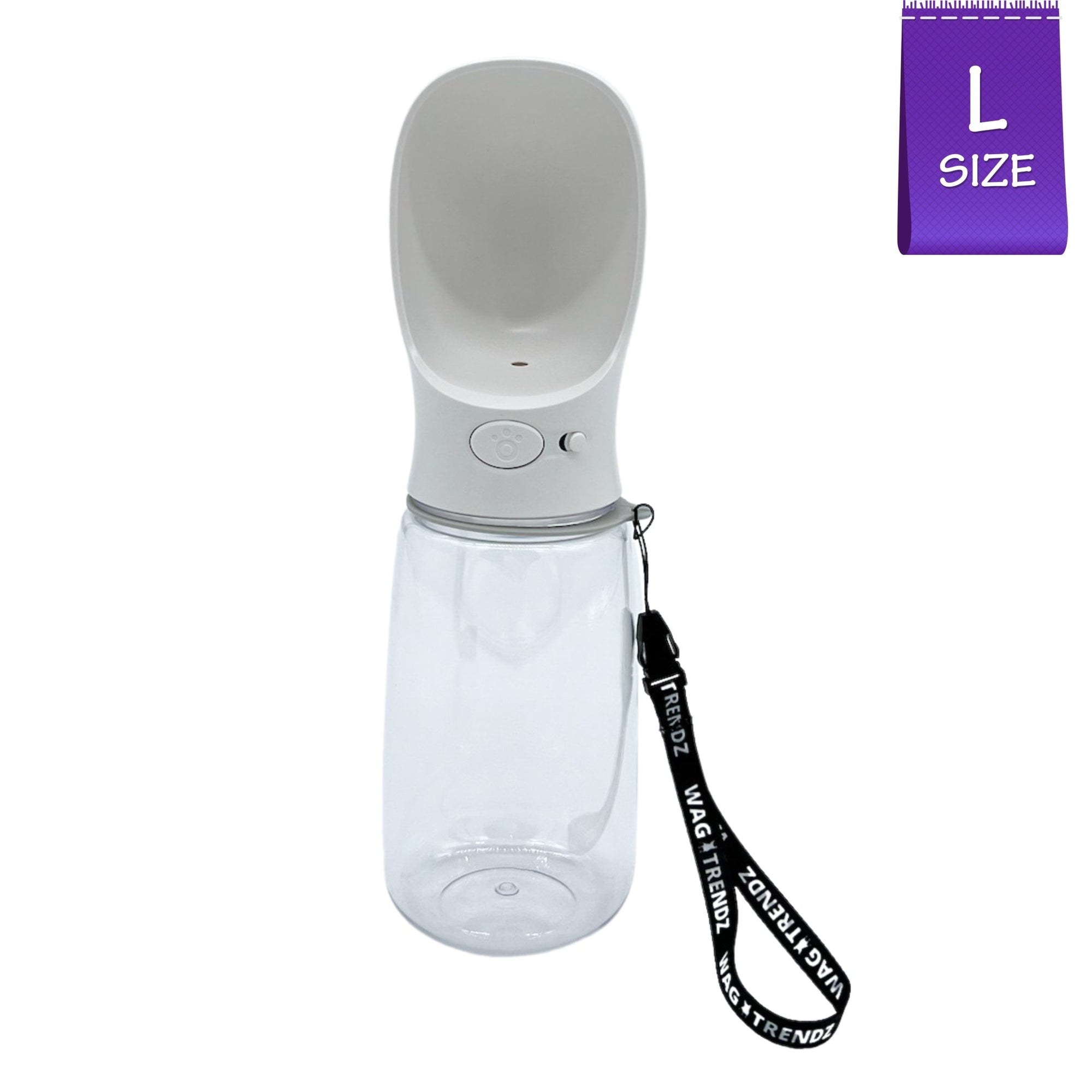 Dog Portable Water Bottle - white with black &amp; white logo strap - large - against solid white background - Wag Trendz