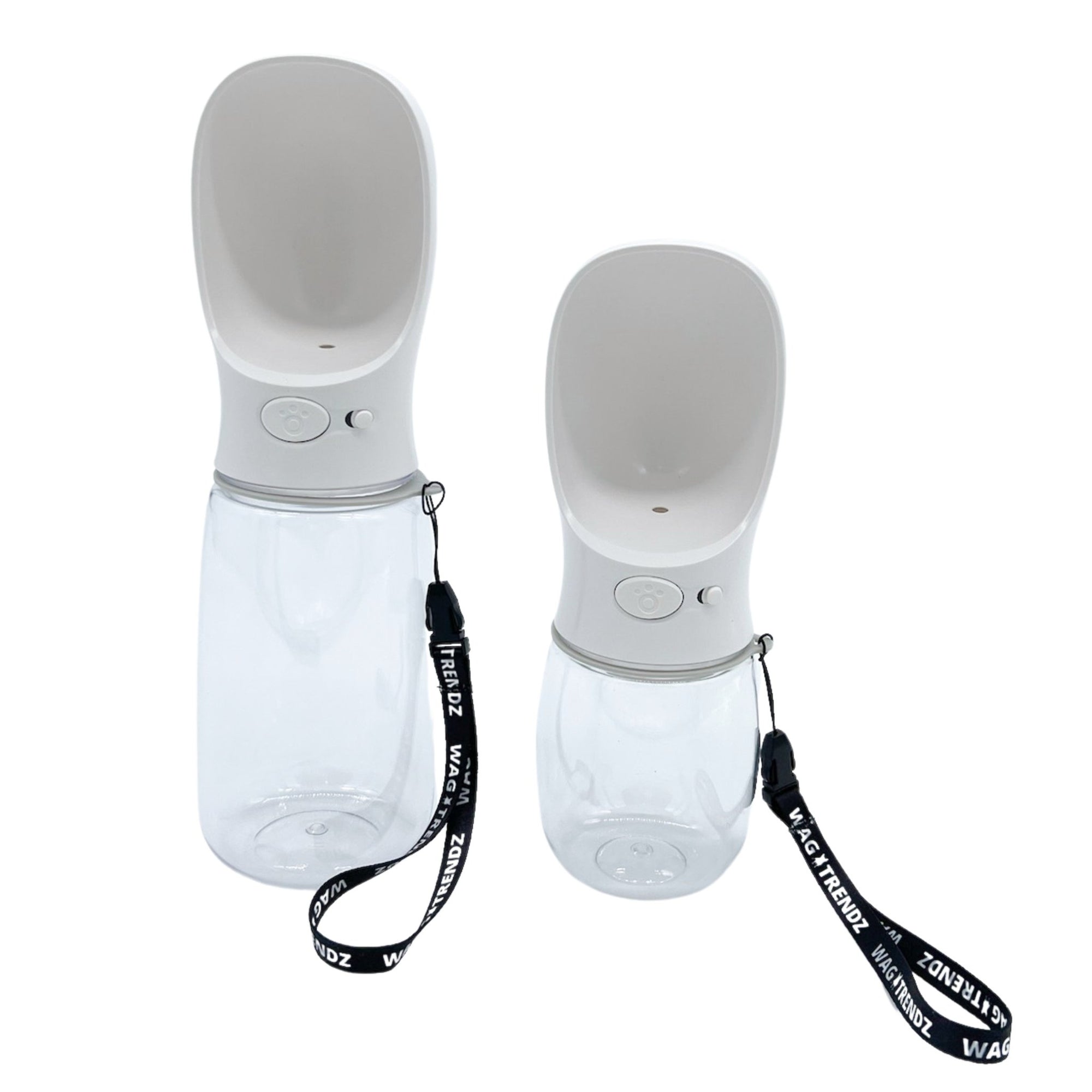 Dog Portable Water Bottle - white with black &amp; white logo strap - large and small against solid white background - Wag Trendz