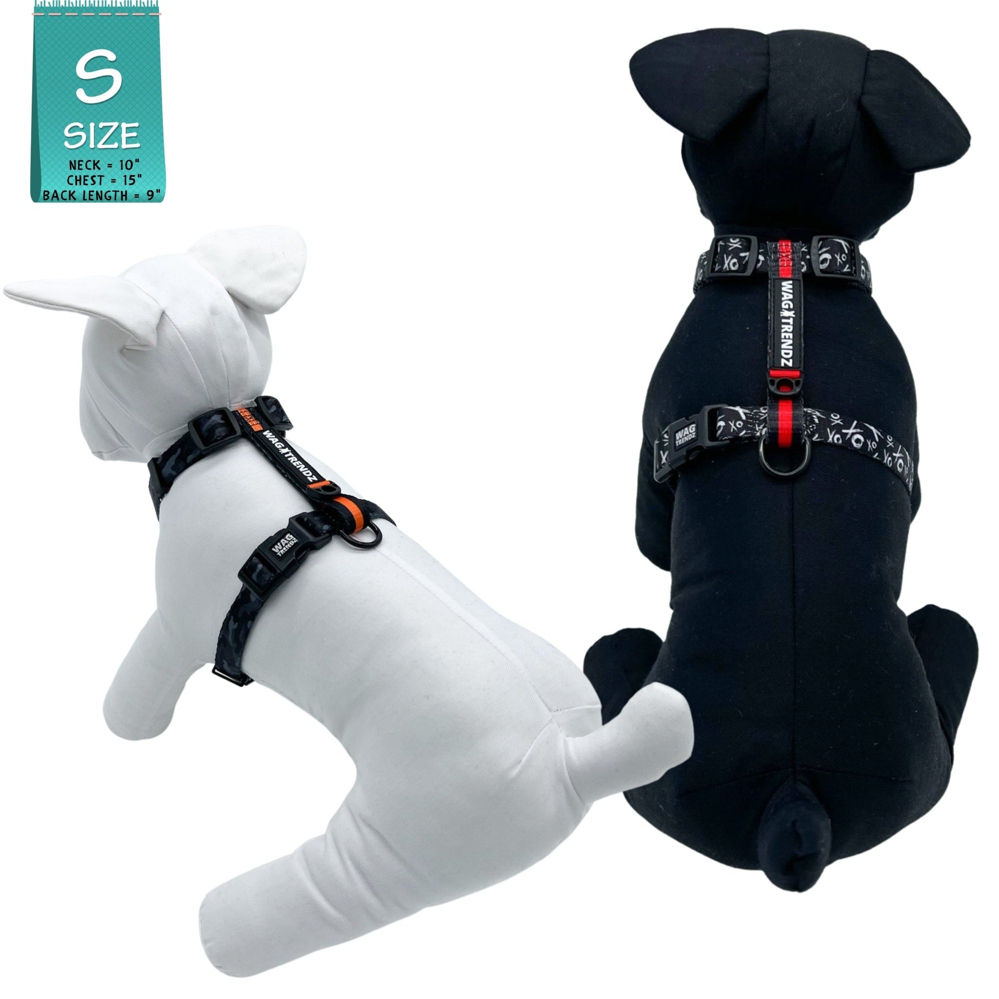 H Dog Harness - Roman Dog Harness - worn by two stuffed dogs (one black &amp; one white) wearing black and white XO pattern dog harness with red accents - against a solid white background - Wag Trendz