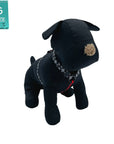 H Dog Harness - Roman Dog Harness - worn by black stuffed dog wearing black and white XO pattern harness with red accents - front view - against a solid white background - Wag Trendz