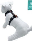 H Dog Harness - Roman Dog Harness - stuffed white dog wearing small black and gray camo dog strap harness with bold orange accent - against solid white background - Wag Trendz