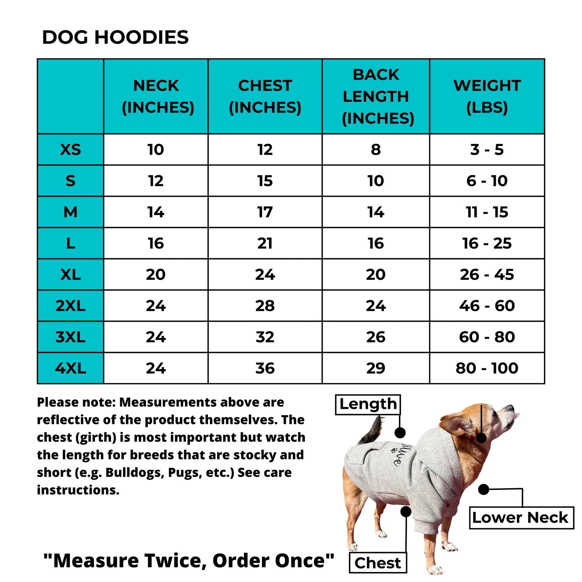 Hooded Sweatshirt For Dogs - Size Chart - Wag Trendz