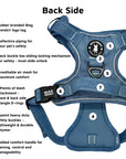 No Pull Dog Harness and Least Set - Downtown Denim No Pull Dog Harness with product feature captions on the back side of the harness - against solid white background - Wag Trendz