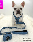 No Pull Dog Harness and Least Set - Frenchie Bulldog wearing Downtown Denim Dog Harness with matching denim leash and poop bag holder attached - against a solid white background - Wag Trendz