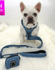 No Pull Dog Harness and Least Set + Poop  Bag Holder - Frenchie Bulldog wearing Downtown Denim Dog Harness with matching denim leash and poop bag holder attached - against a solid white background - Wag Trendz
