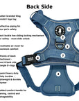 No Pull Dog Harness and Least Set + Poop  Bag Holder - Downtown Denim No Pull Dog Harness with product feature captions on the back side of the harness - against solid white background - Wag Trendz