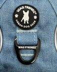 No Pull Dog Harness and Least Set + Poop Bag Holder - Downtown Denim No Pull Dog Harness - close up of chest side with rubber logo with triangle D-ring for no pull training - against solid white background - Wag Trendz