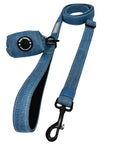 No Pull Dog Harness and Least Set + Poop  Bag Holder - Downtown Denim Dog Leash with matching Poop Bag Holder attached - against a solid white background - Wag Trendz