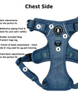 No Pull Dog Harness and Least Set + Poop Bag Holder - Downtown Denim No Pull Dog Harness with product feature captions on the chest side of the harness - against solid white background - Wag Trendz