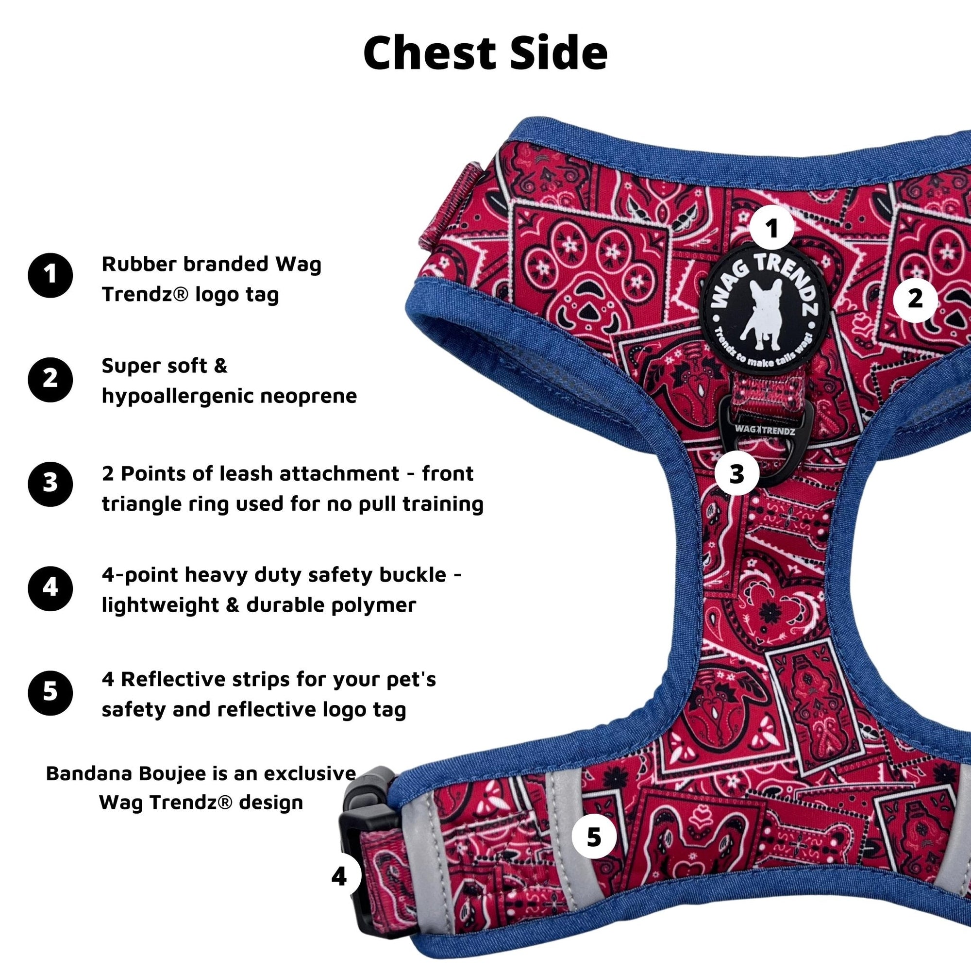 No Pull Dog Harness - Red Bandana Boujee No Pull Dog Harness with Denim Accents - with product feature captions for chest side - against solid white background - Wag Trendz