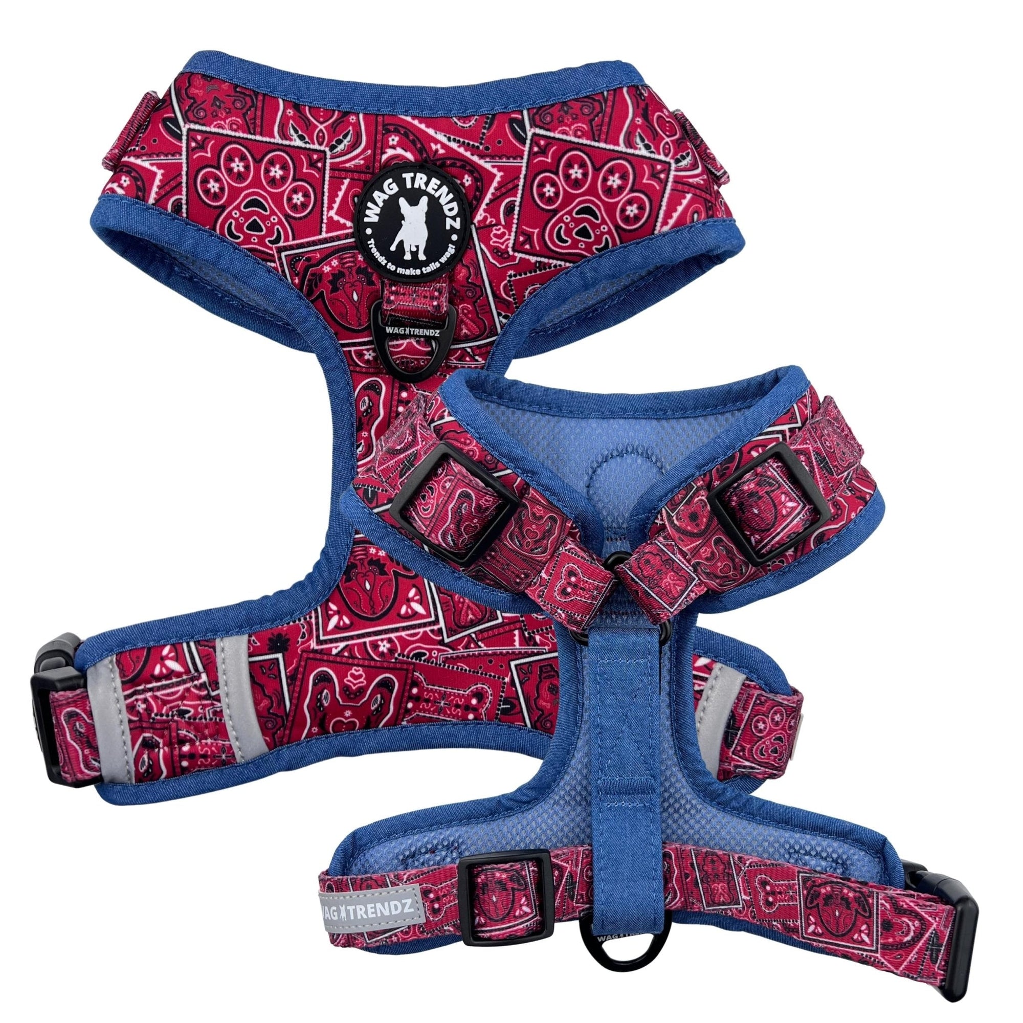 No Pull Dog Harness - Red Bandana Boujee No Pull Dog Harness with Denim Accents  - against solid white background - Wag Trendz