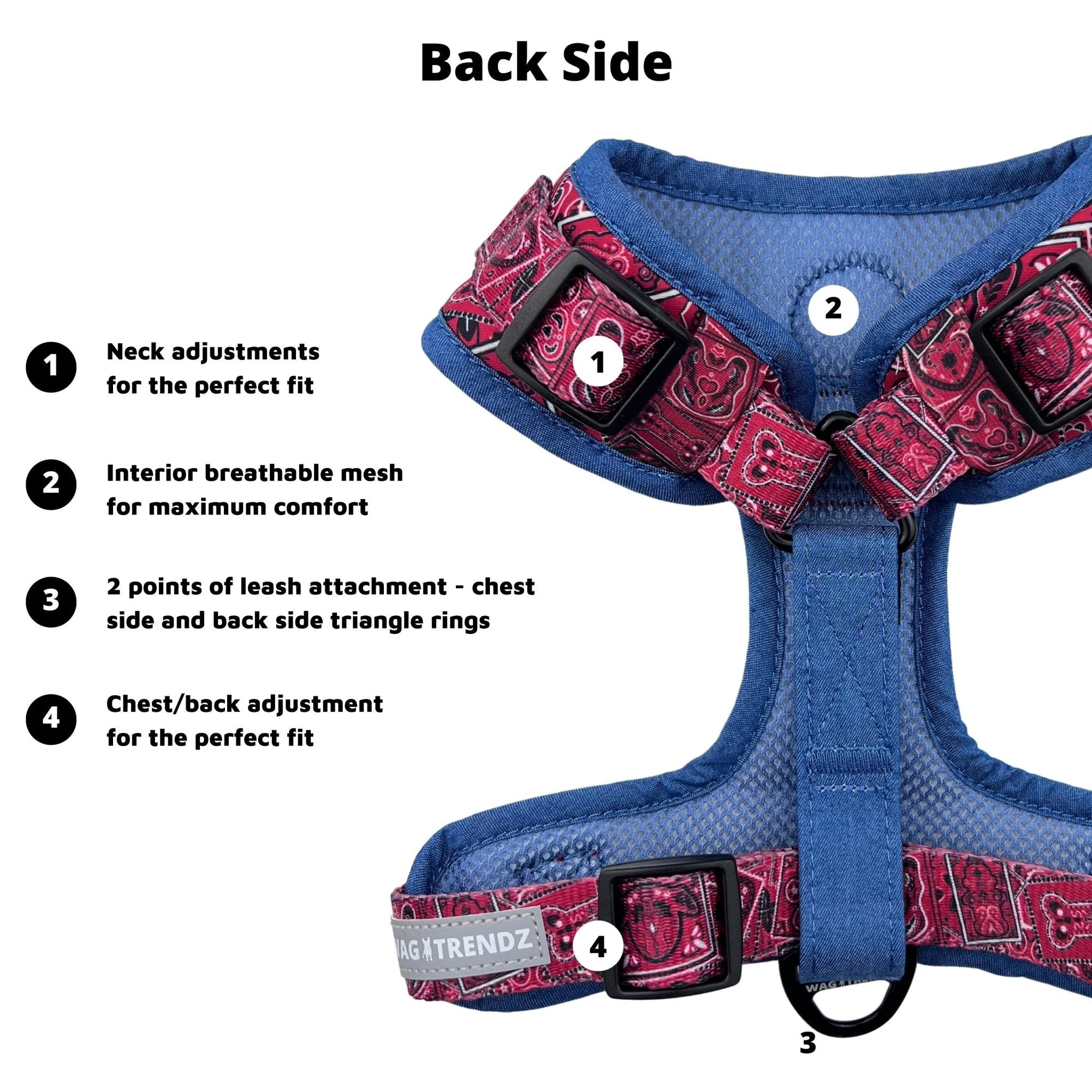 No Pull Dog Harness - Red Bandana Boujee No Pull Dog Harness with Denim Accents - with product feature captions for back side - against solid white background - Wag Trendz