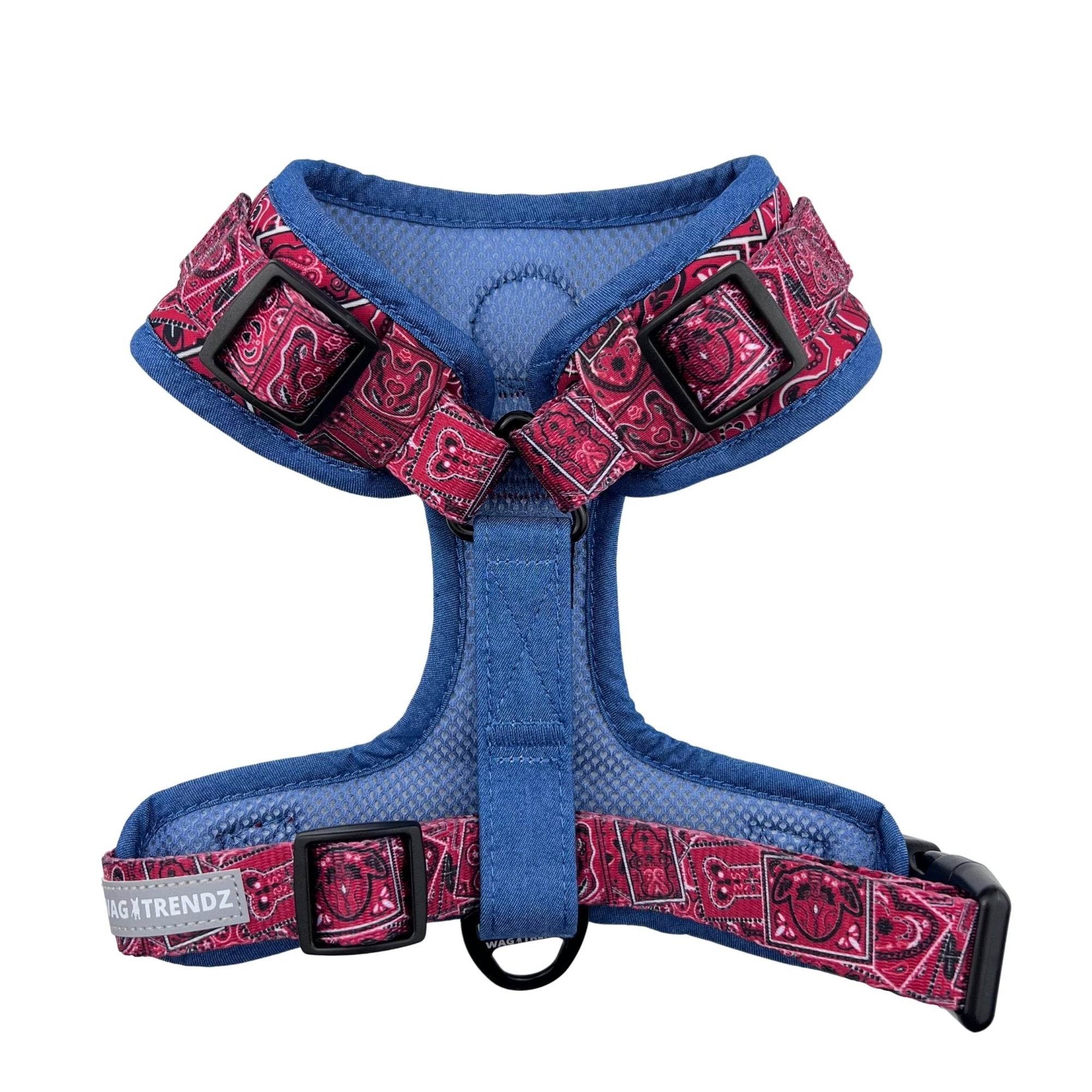 No Pull Dog Harness - Red Bandana Boujee No Pull Dog Harness with Denim Accents - back side - against solid white background - Wag Trendz