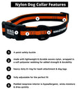 Nylon Dog Collar - Black nylon dog collar with bold orange accents against a white background - with product feature captions - Wag Trendz