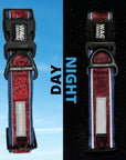 Reflective Dog Collar - 2" Wide Dog Collar in Bandana Boujee Red with Denim padded interior and black accents - split picture showing collar during the day and reflection at night - Wag Trendz